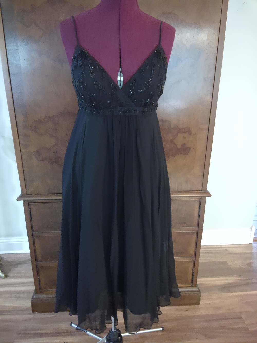 Black Beaded Spaghetti-Strap Dress - Women's Elegant Evening Dress